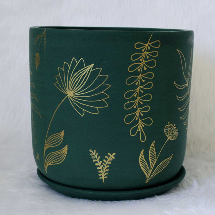 Hand-Painted Green Golden Feather Terracotta Planter Pot