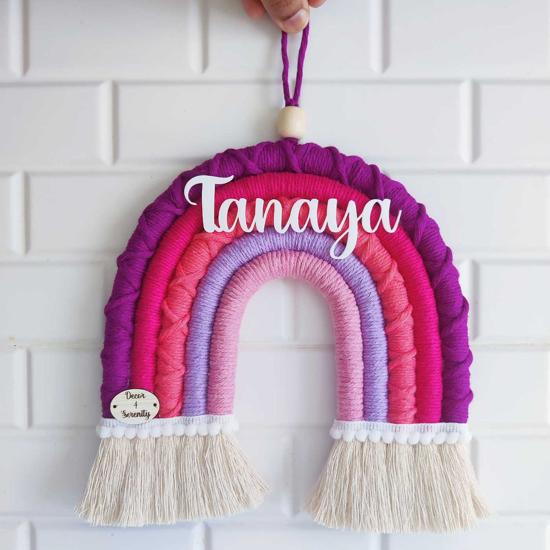 Personalized Handmade Macrame Purple & Pink Rainbow Kids Name Plate With 3D Letters