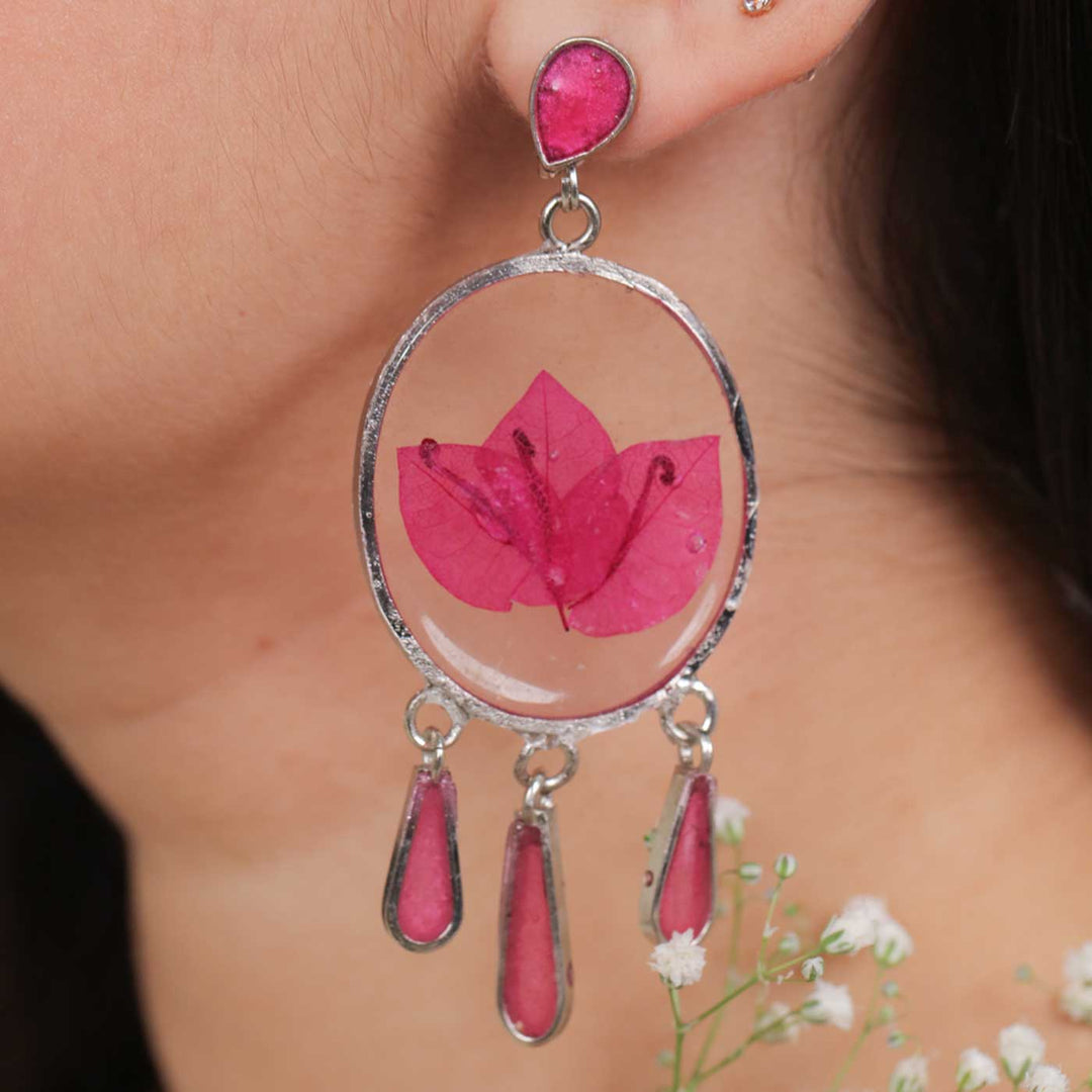 Handmade Preserved Flower Pink Bougainvillea Chandelier Brass Earrings