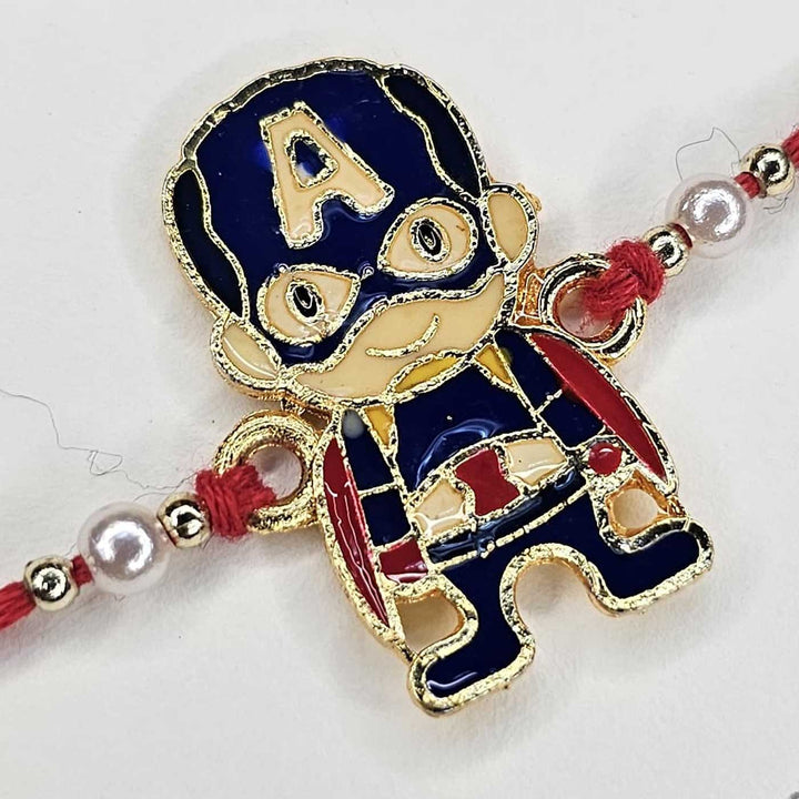 Handmade Captian America Metal Kids Rakhi With Roli Chawal