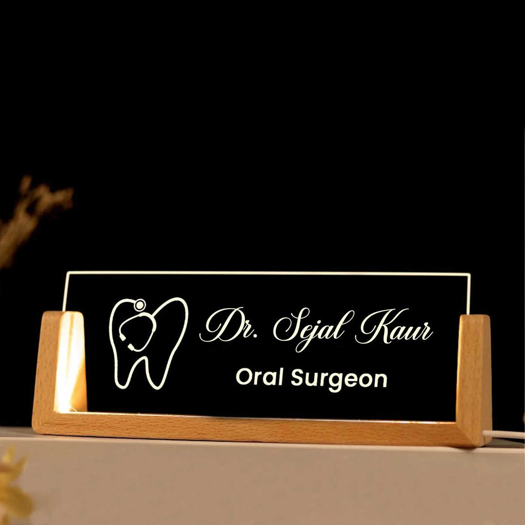 Personalized Dentist Sleek Glass Desk Nameplate With LED Light