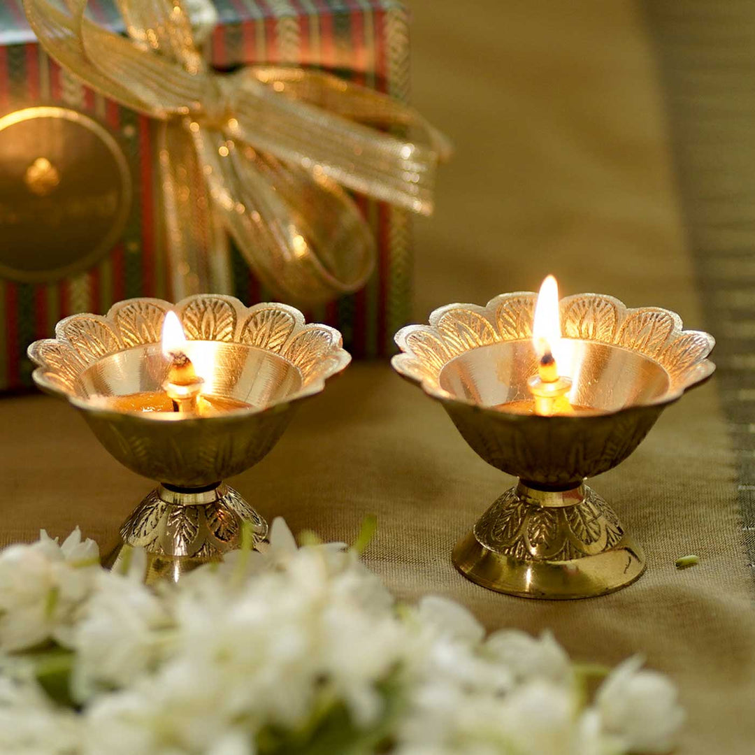 Handmade Gulab Diya Brass Oil Lamp / Diya | Set Of 2