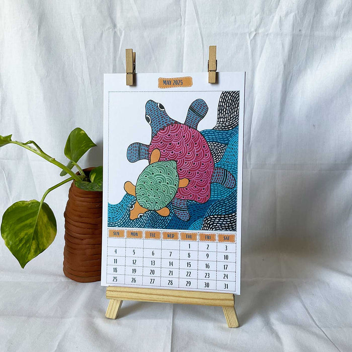 2025 Printed Indian Gond Art Theme Desk Calendar With Easel & Wooden Clips