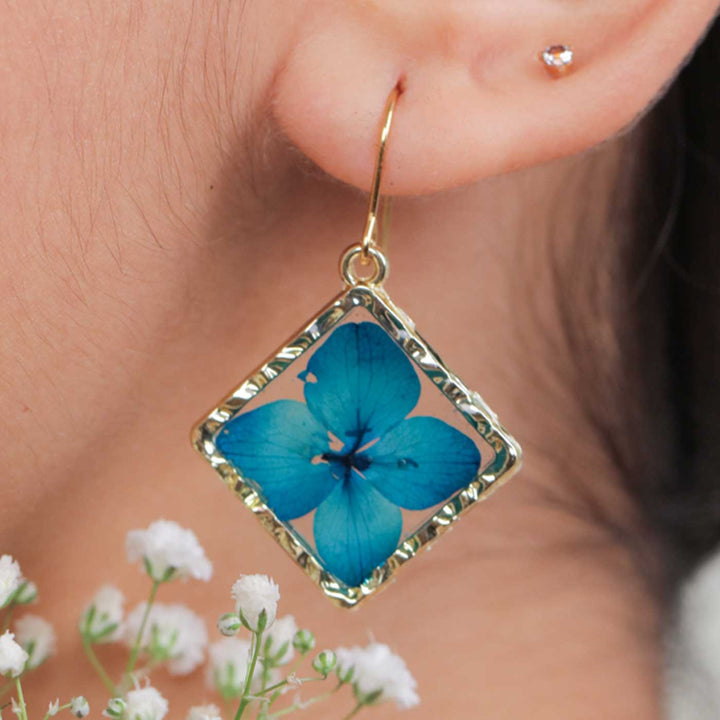 Handmade Preserved Flower Azure Blue Brass Earrings