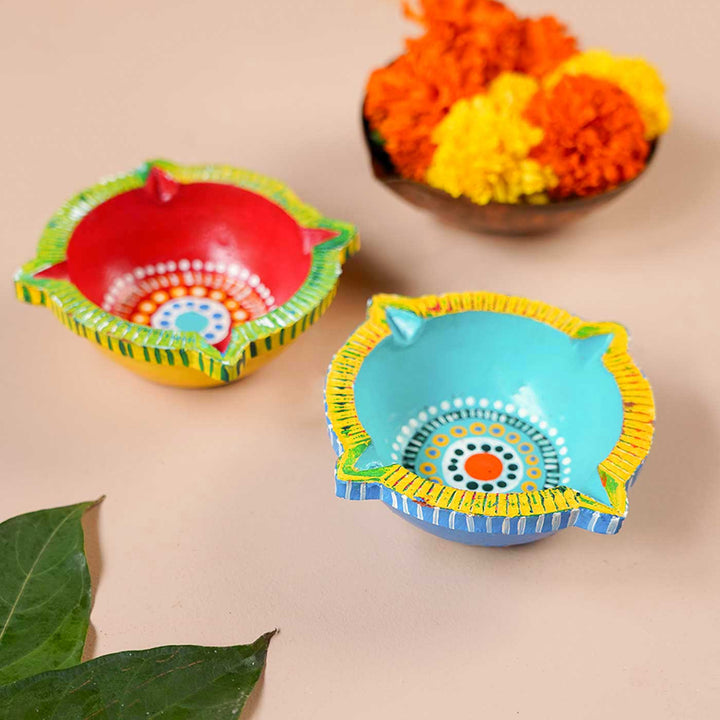 Handmade Big Star Clay Oil Lamp / Diya | Set of 2