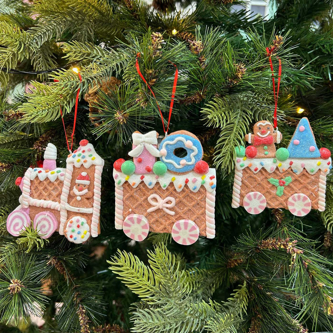 Handmade Gingerbread Train Adventure Clay Ornaments For Christmas Tree Decoration | Set Of 3