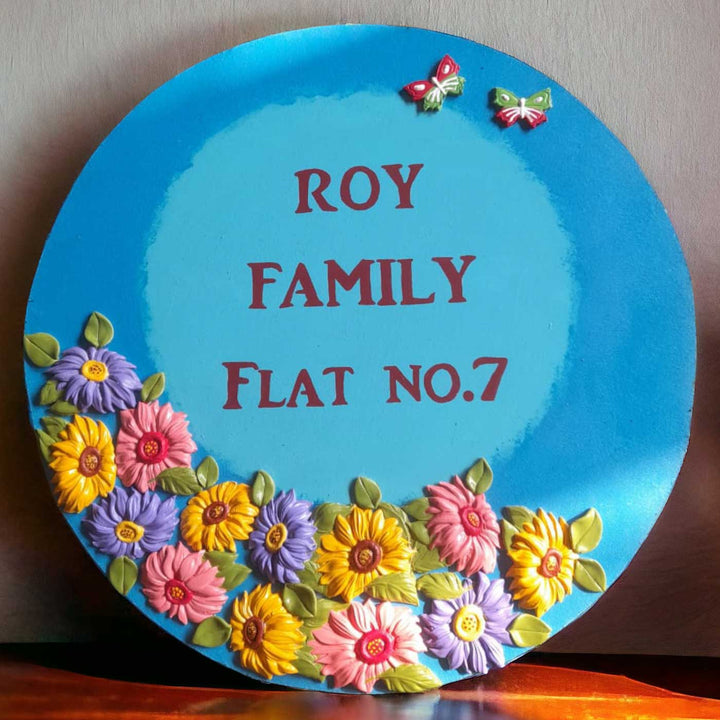 Personalized Handmade Floral Round Mdf Wood Name Plate