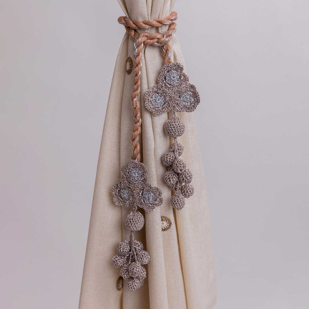 Handmade Kono Metallic Flower & Beads Curtain Tie Backs | Set of 2