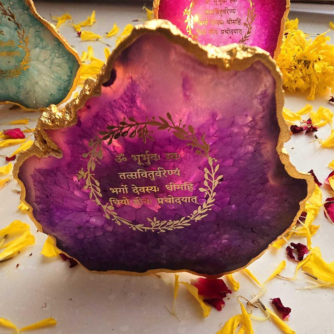 Handmade Purple Gayatri Mantra Agate Stone Tea Light Holder