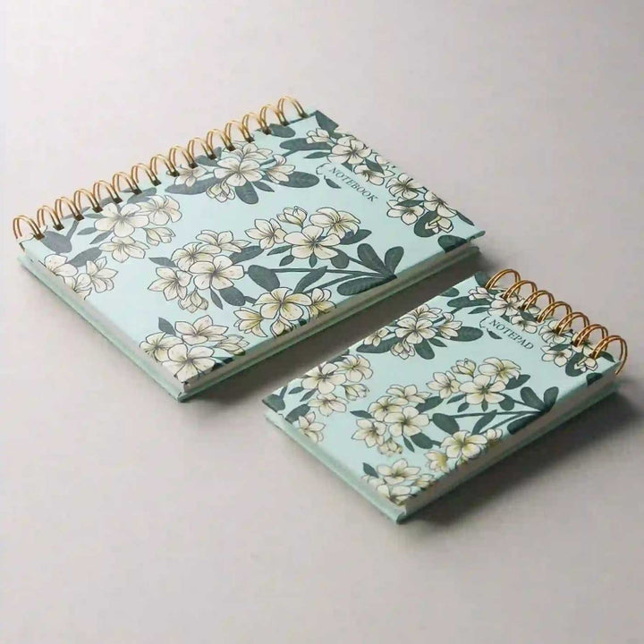 Handmade Frangipani Green Spiral Notebook and Notepad Set | 80 Pages