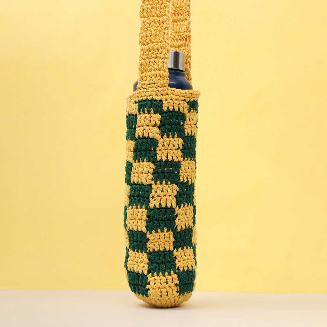 Handmade Crochet Green & Yellow Checkered Water Bottle Tote Bag