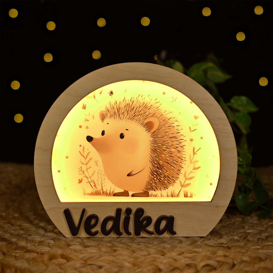 Personalized Hedgehog Theme Wooden Table Lamp With 3D Letters