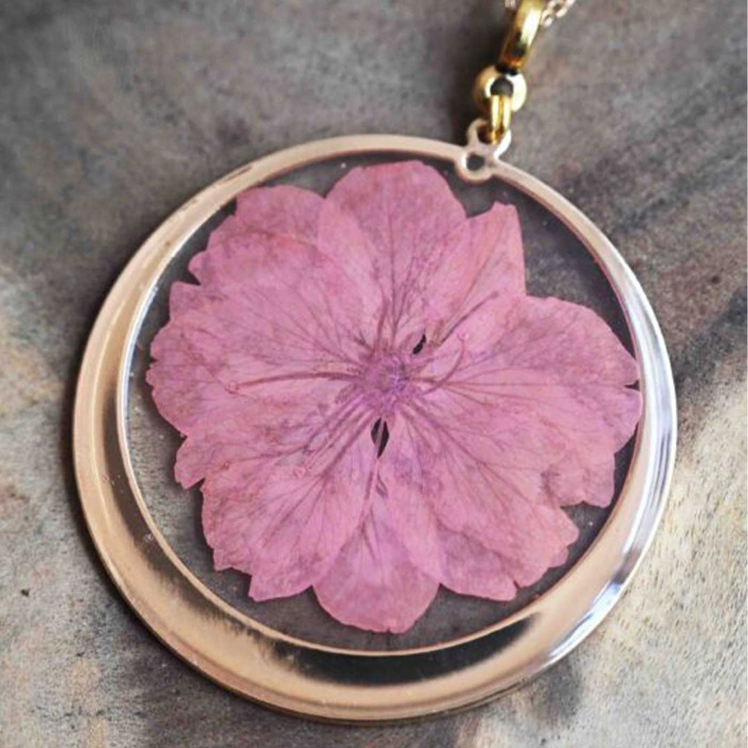 Handmade Preserved Flower Round Cherry Blossom Brass Necklace