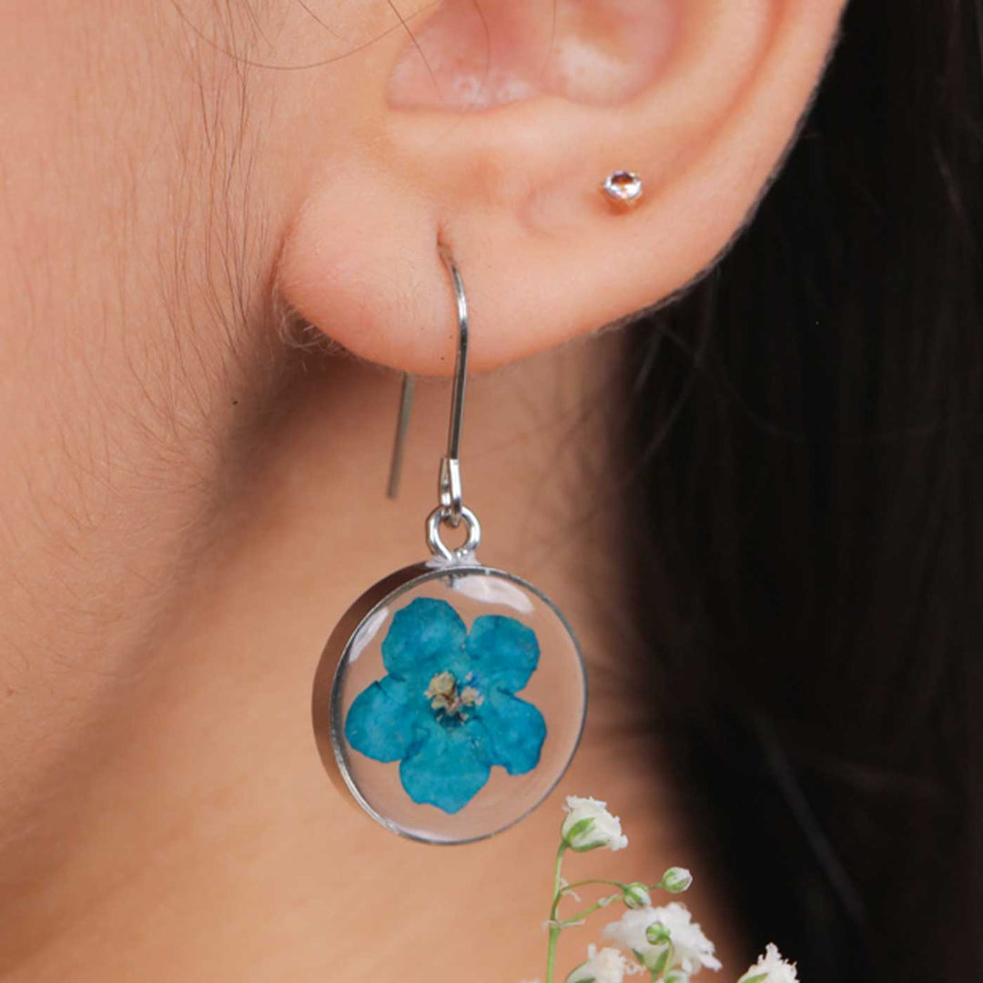 Handmade Preserved Flower Blue Dainty Forget Me Not Brass Earrings