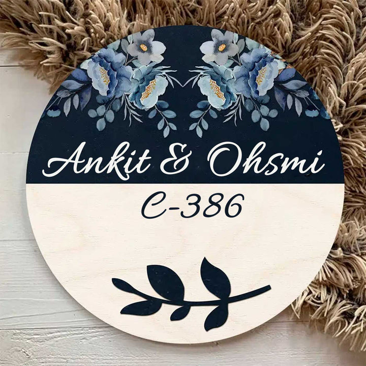 Printed Floral Wooden Round Nameplate For Couples With Bow