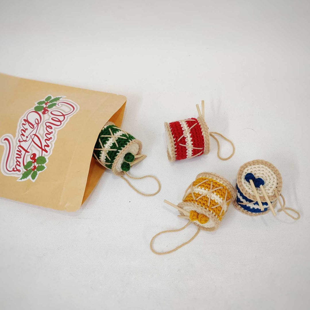 Handmade Drums Crochet Ornaments For Christmas Tree Decoration | Set Of 4