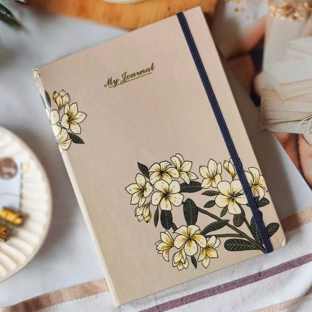 Handmade Plumeria Beige Ruled Journal | 100  Pages