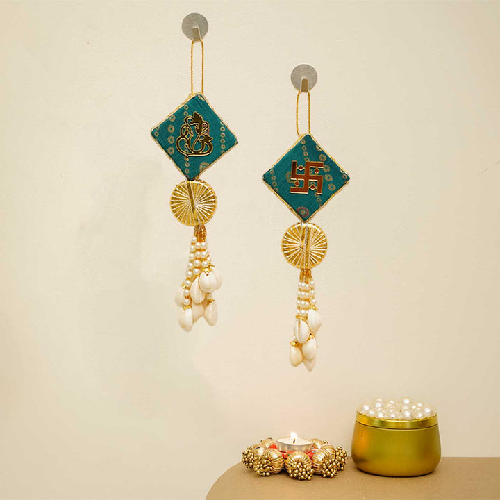 Handmade Reversible Square Shubh Labh Hanging | Set Of 2