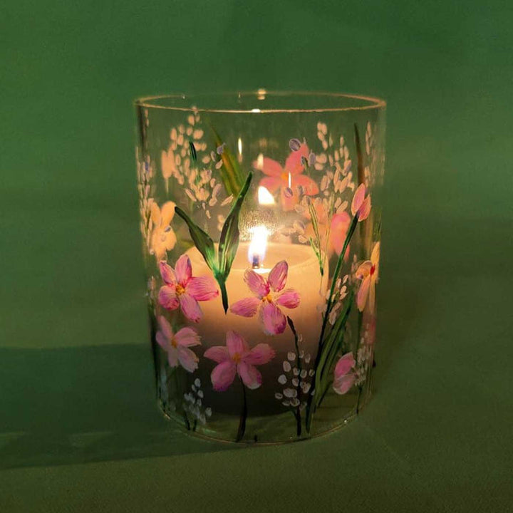 Hand Painted Floral Glass Candle Holder