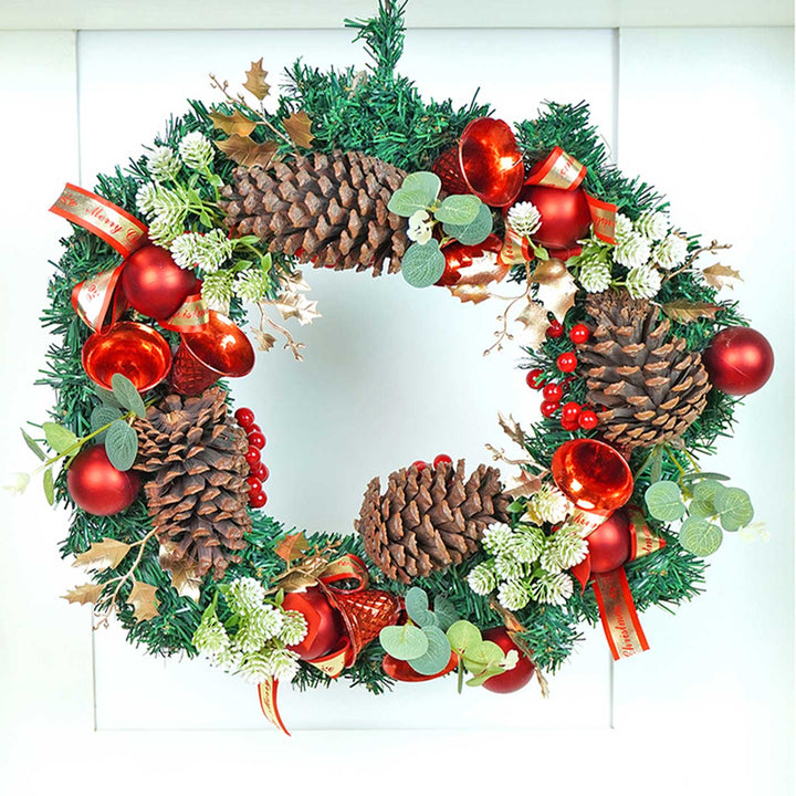 Dark Green Wooden Pinecone Bells Wreath For Christmas Wall Decoration