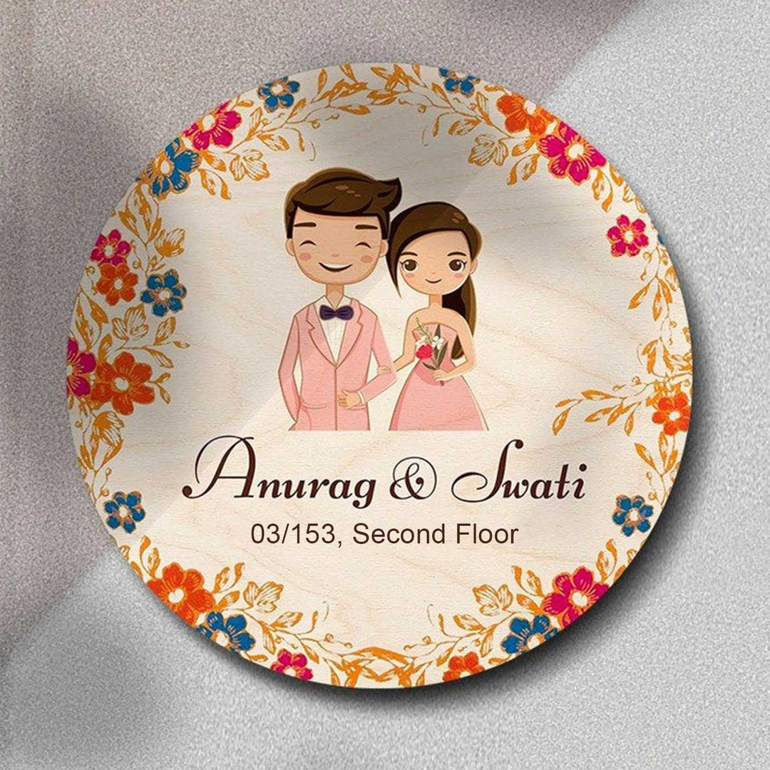 Printed Multicolour Floral Wooden Round Nameplate For Couples