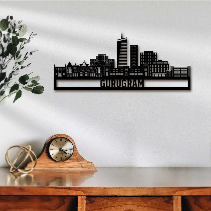 Printed Black Wooden Gurugram City Skyline Wall Decor