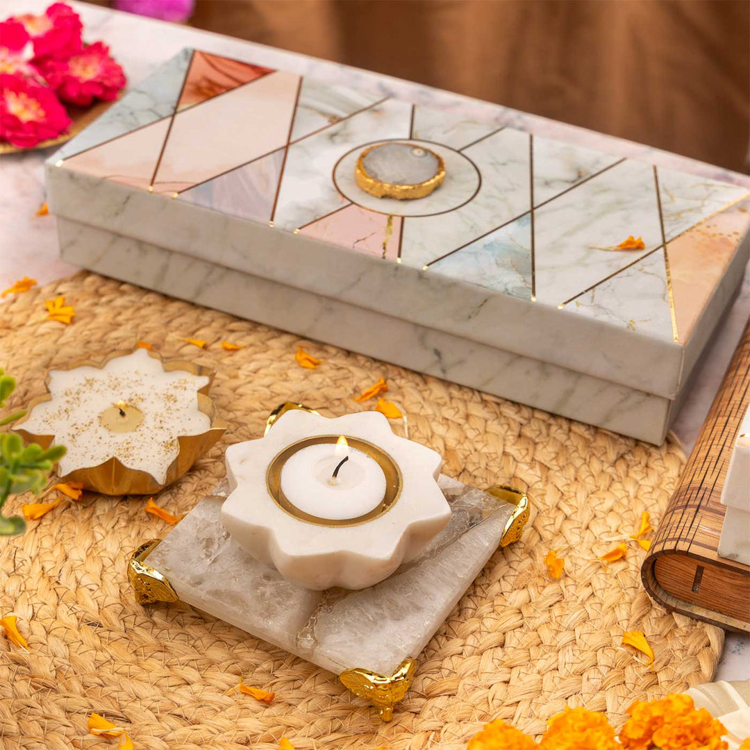 Handmade White Marble & Brass Diya Bowl With Agate Chowki & Candle | Set of 3