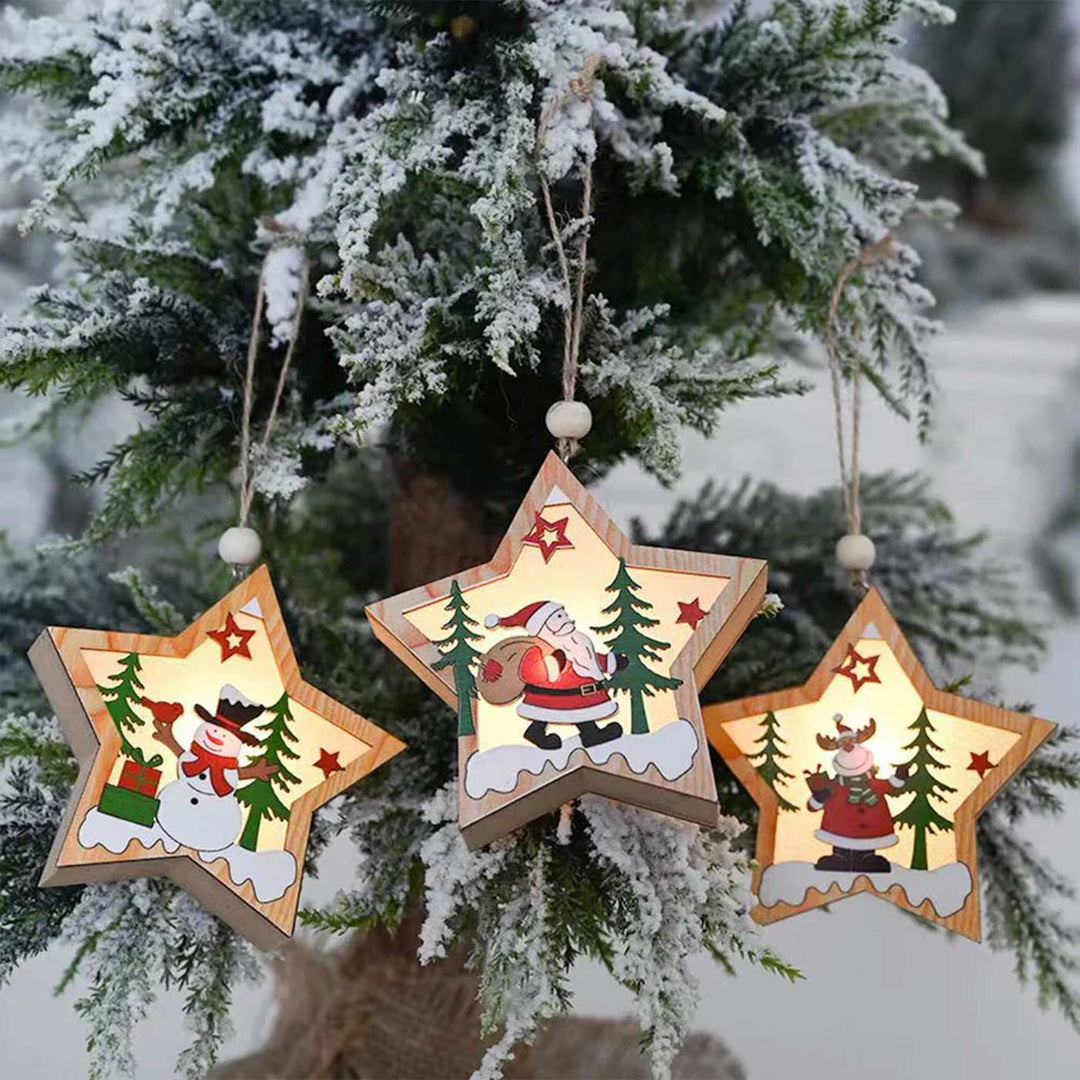 Handmade Shimmer Star Wooden Ornaments With Lights For Christmas Tree Decoration