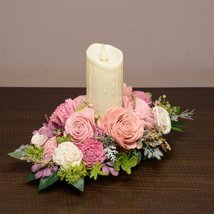 Handmade Rose Glow Shola Flower Centerpiece With Candle Holder