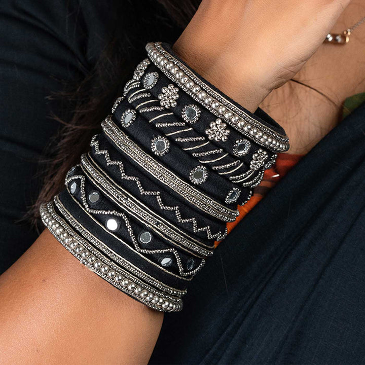 Black & Silver Handcrafted Kalki Black and Silver Beads Work Bangles | Set of 10