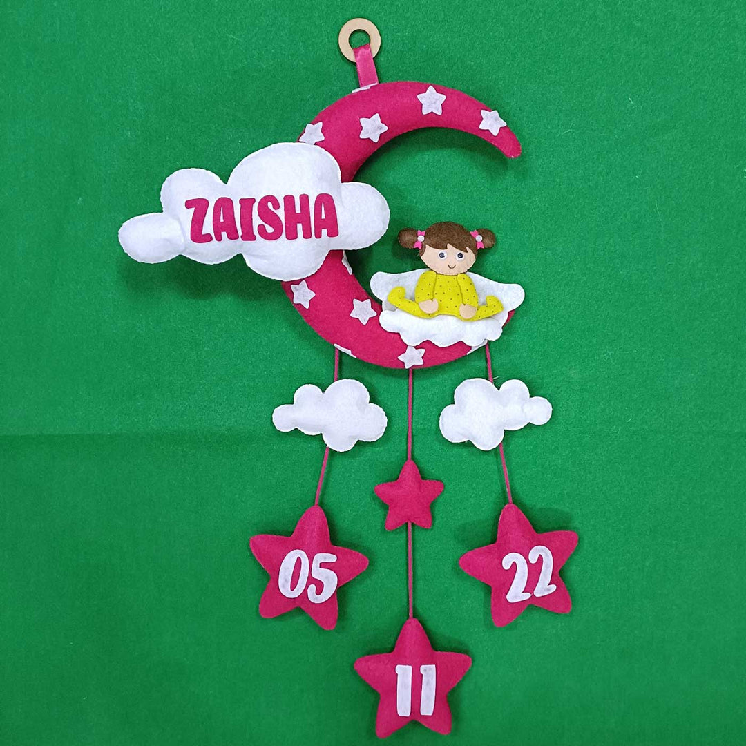 Personalized Handmade Girl Theme Moon & Cloud Felt Kids Name Plate with Birthdate