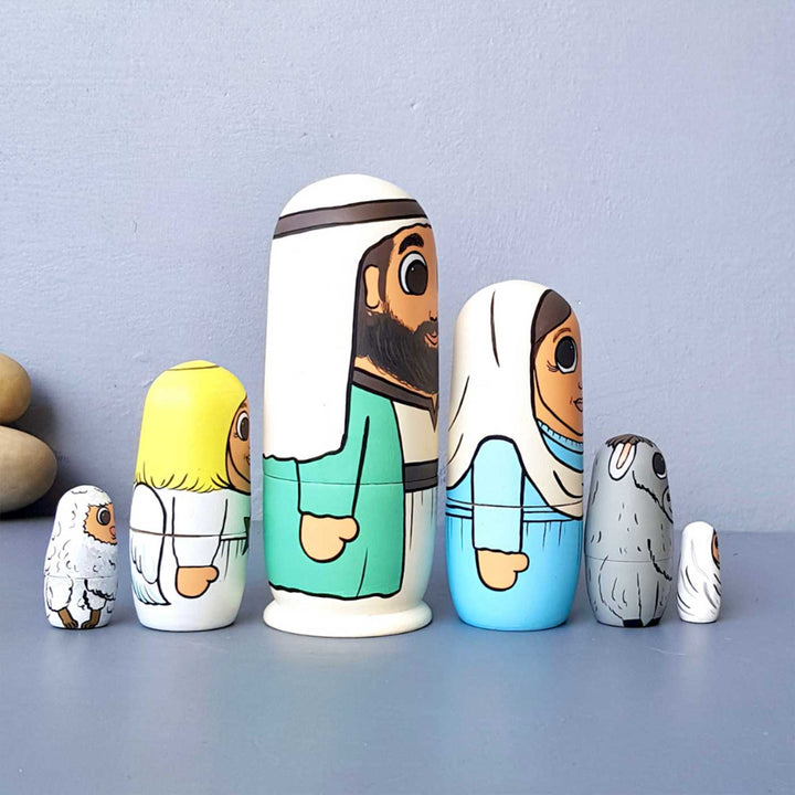 Hand-Painted Nativity Crib Nesting Wooden Dolls For Christmas Decoration | Set Of 6