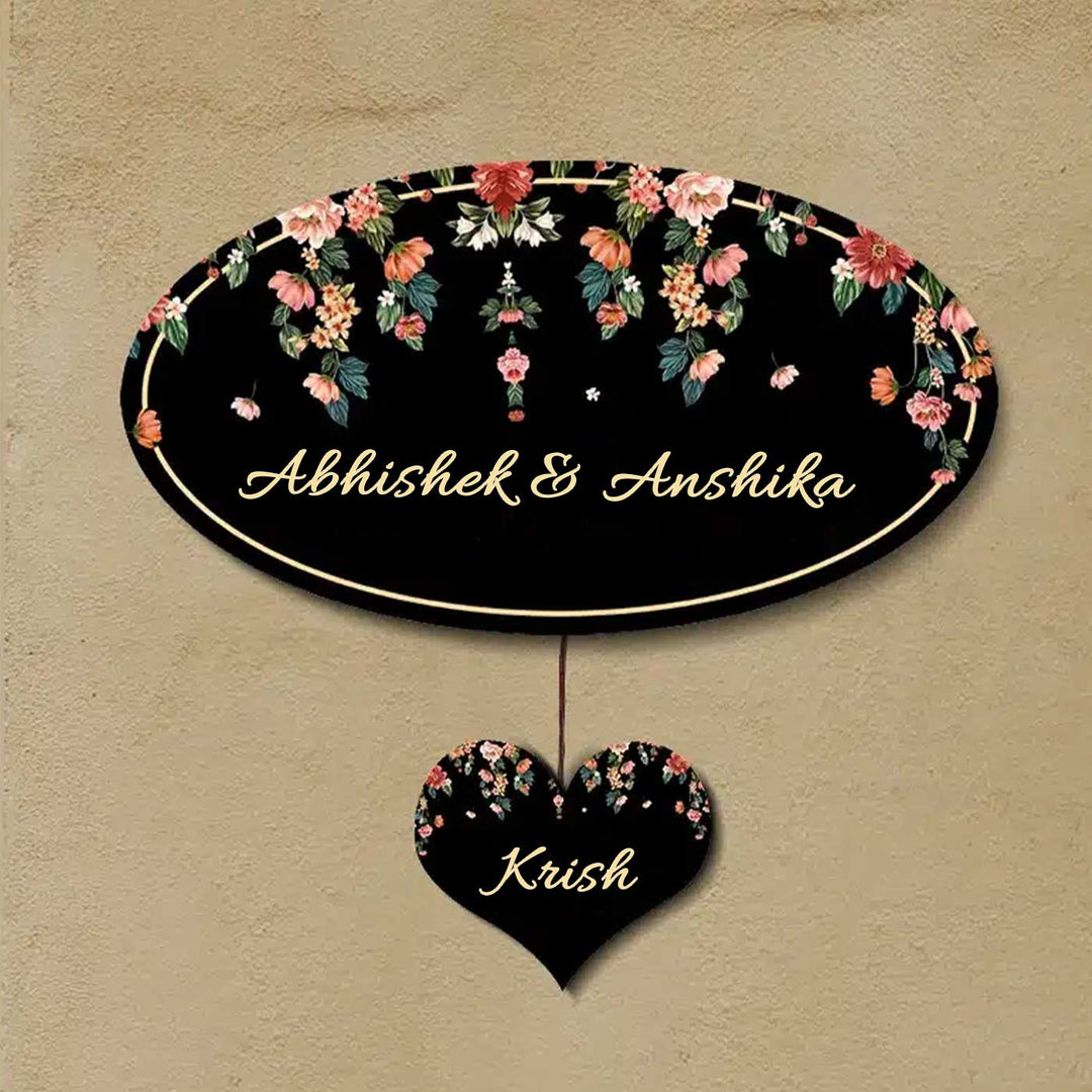 Printed Black Floral Wooden Oval Nameplate For Family