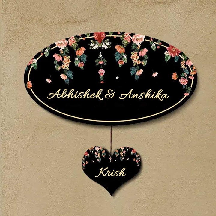 Printed Black Floral Wooden Oval Nameplate For Family