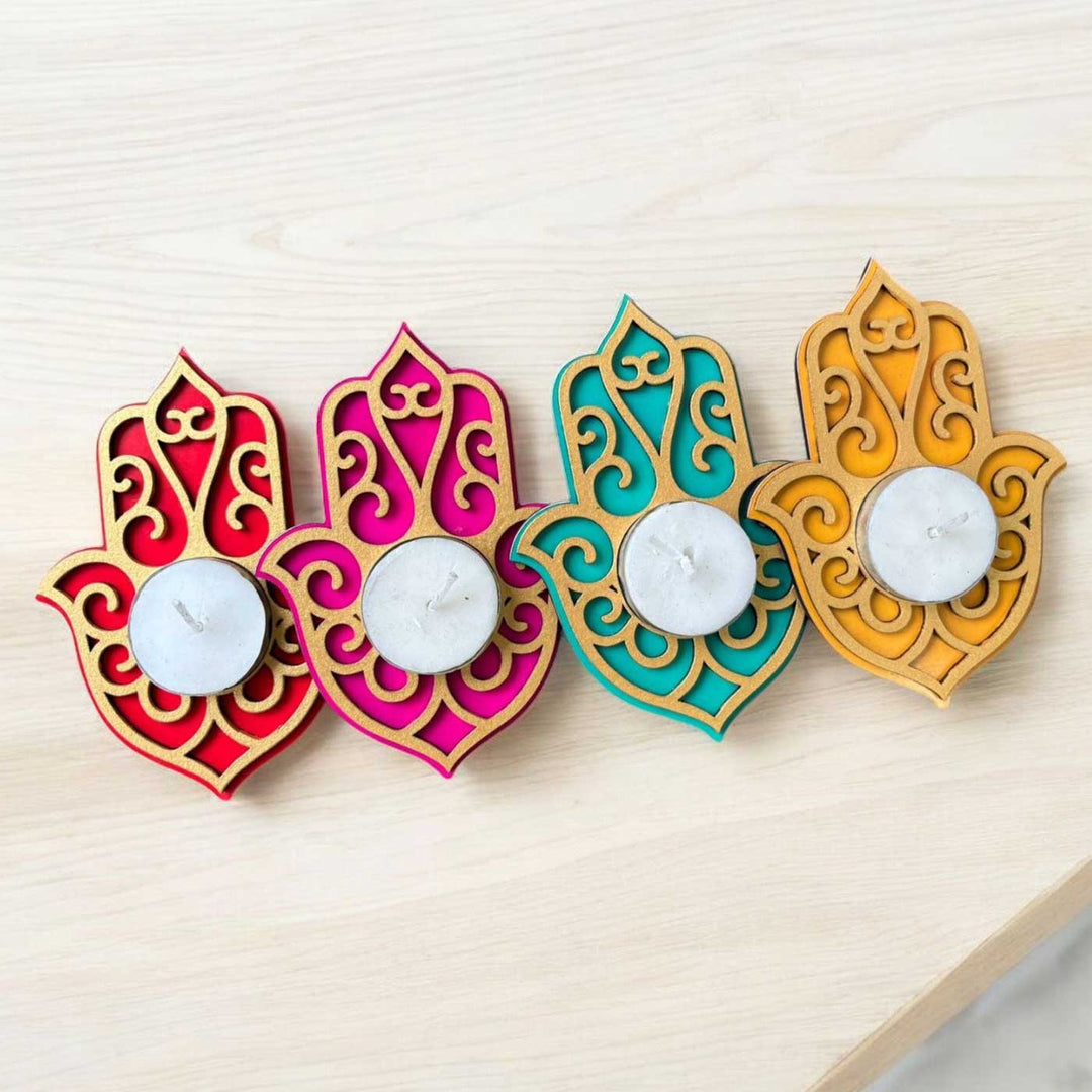 Handmade The Hamsa Flower Mdf Wood Tealight Holder | Set Of 5