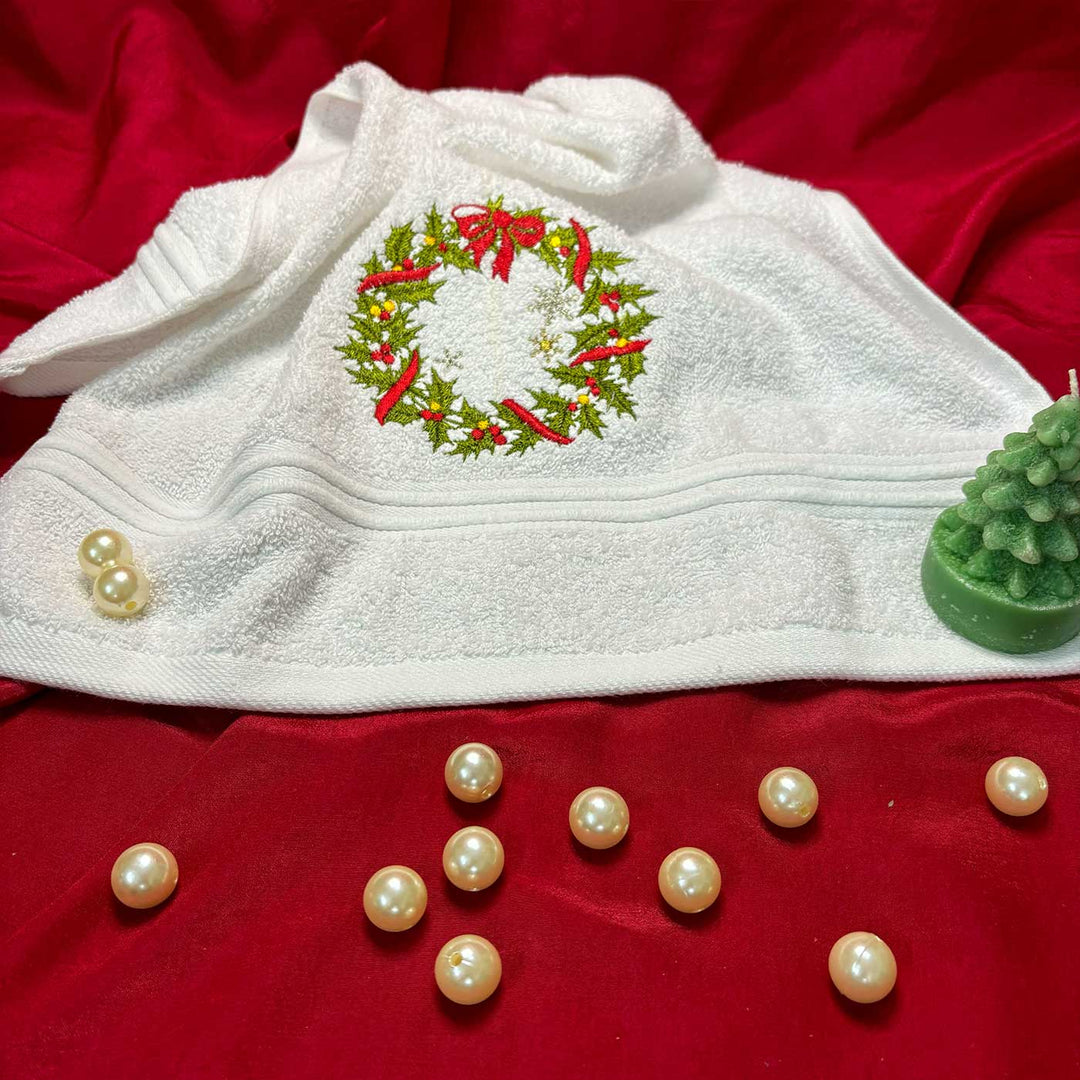 Personalized Decorative Wreath Embroidered Cotton Hand Towel | Xmas Gifting Ideas