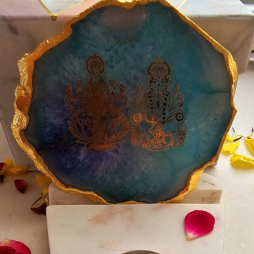 Handmade Turquoise Laxmi Ganesha Agate Decor With Marble Base Tea Light Holder