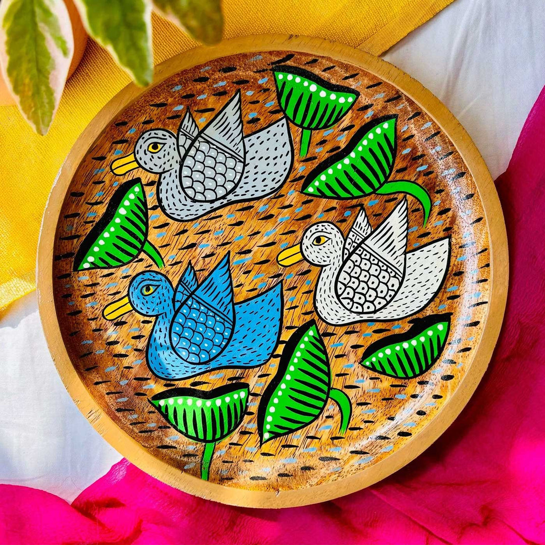 Hand-Painted Pattachitra Saras Round Wooden Platter