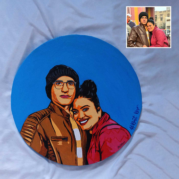 Personalized Photo Based Caricature Round Blue Portrait For Couples