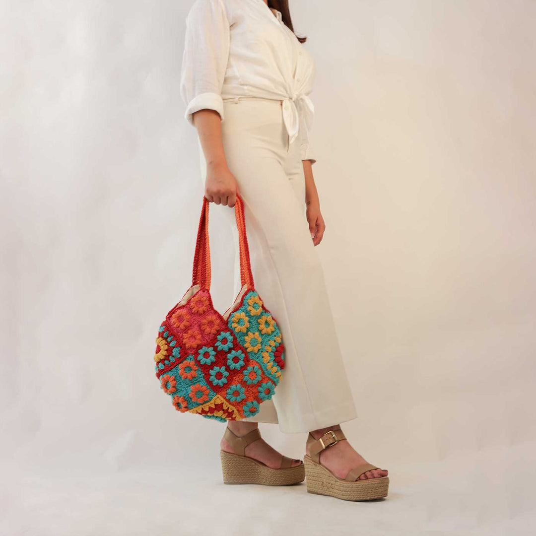 Handmade Crochet Multicolour Floral Tote Bag