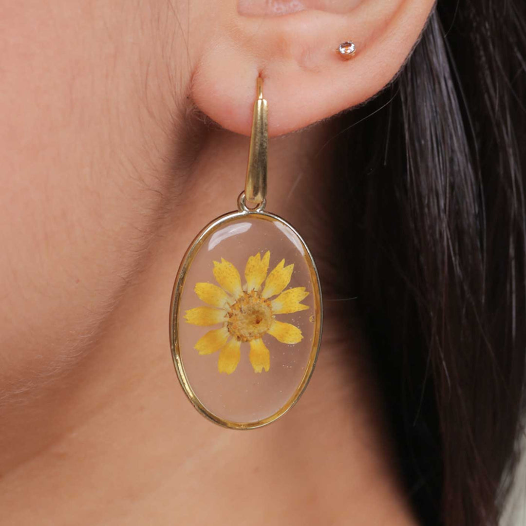 Handmade Preserved Flower Yellow Daisy Oval Brass Earrings