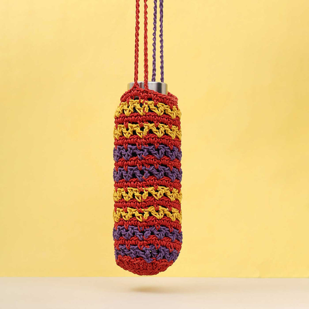 Handmade Crochet Multicolored Water Bottle Tote Bag