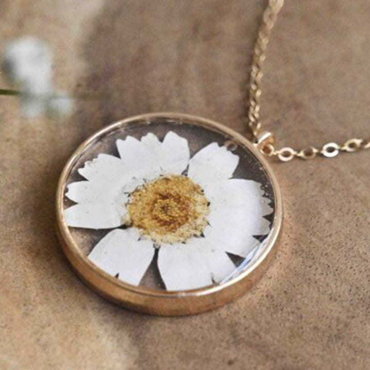 Handmade Preserved Flower White Daisy Brass Necklace