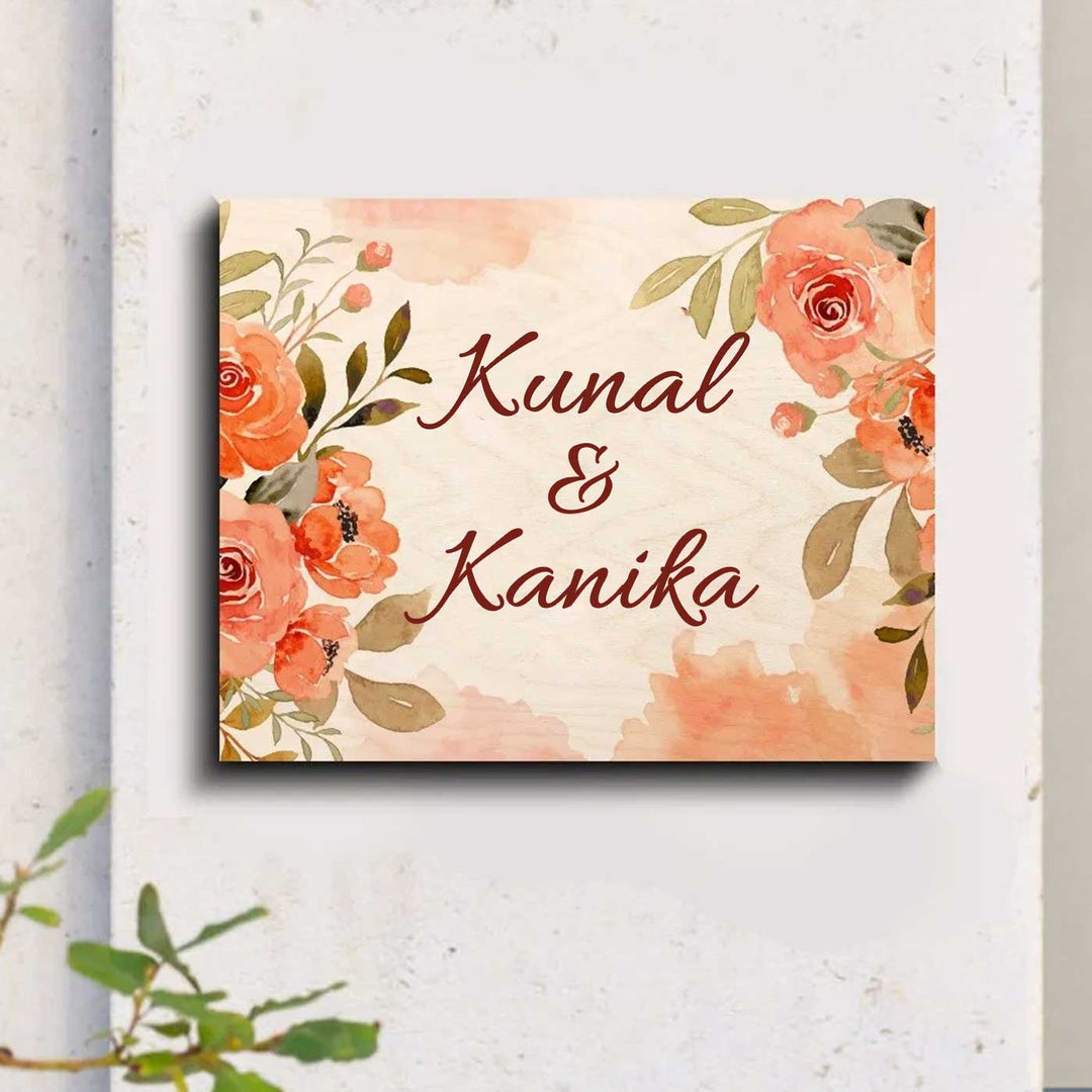 Printed Orange Floral Wooden Rectangle Nameplate