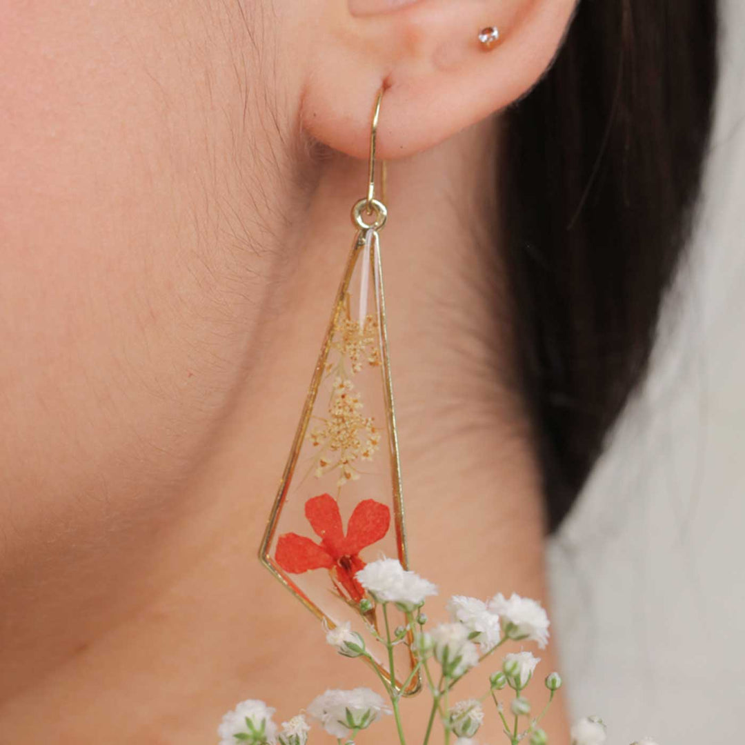 Handmade Preserved Flower Art Deco Red Lobelia Brass Earrings