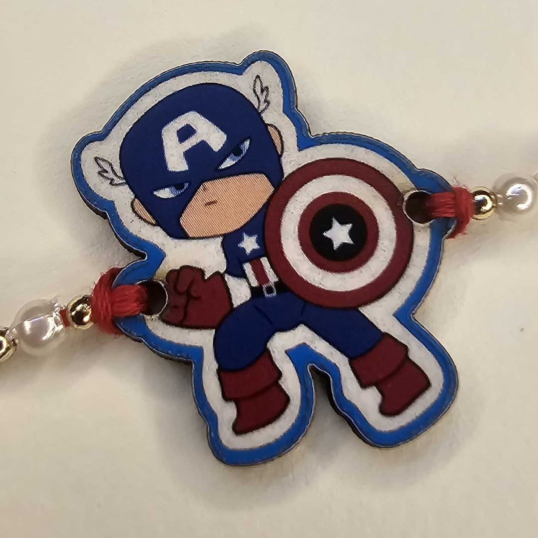 Handmade Avengers - Captian America MDF Wood Kids Rakhi With Roli Chawal