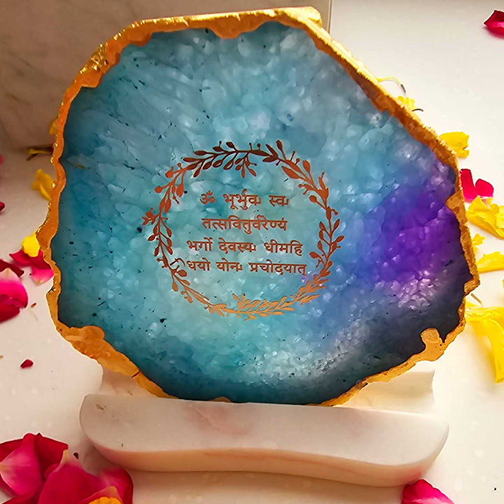 Handmade Turquoise Gayatri Mantra Agate Decor With Marble Tea Light Holder