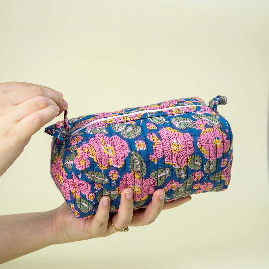 Handmade Block Printed Garden Paradise Quilted Cotton Toiletry Pouch