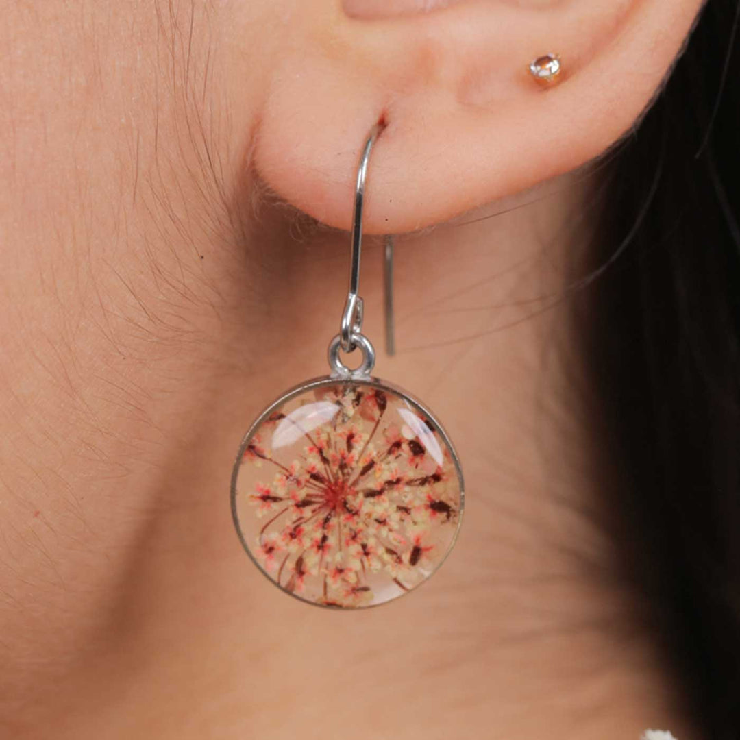 Handmade Preserved Flower Dainty Coral Brass Earrings