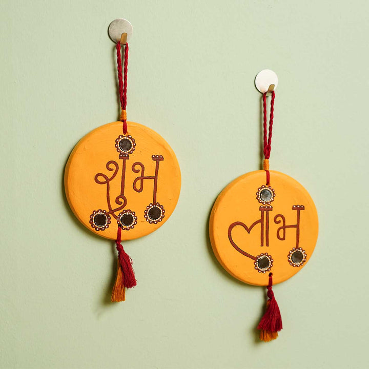 Handmade Yellow Shubh - Labh Terracotta Hanging | Set Of 2